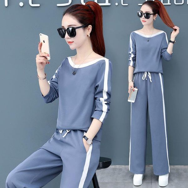 

pullover spring split wide leg women tracksuits pants two piece set plus size loose casual sports suit khaki green blue, Gray