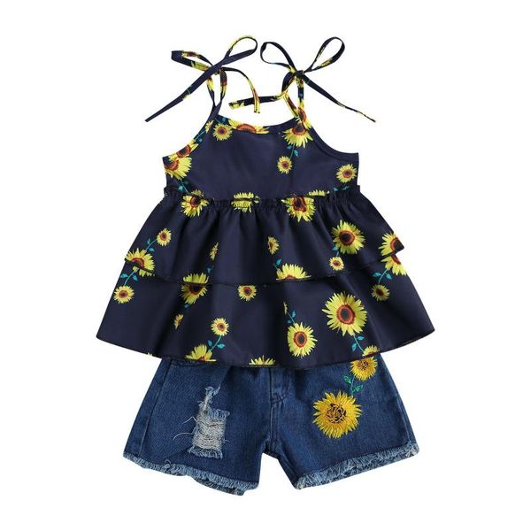 

baby & children's kids girls clothing set fashion 2-piece outfit sleeveless sunflower print +denim shorts sets, White