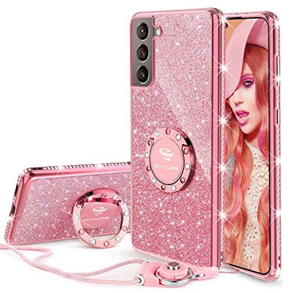 

women girls glitter cute phone cases with ring kickstand, bling diamond rhinestone bumper protective soft case for galaxy samsung s21 s20 ip