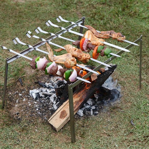 

grills 1 set portable stainless steel charcoal grill barbecue rack +6pcs 45cm bbq skewers camping travel