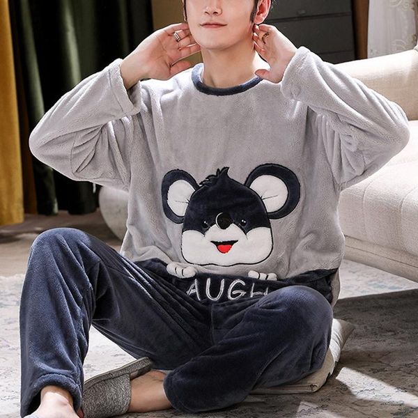

men's sleepwear flannel pajamas sets 2022 thick warm winter 2piece/sets plus size long sleeve round neck homewear pyjamas, Black;brown