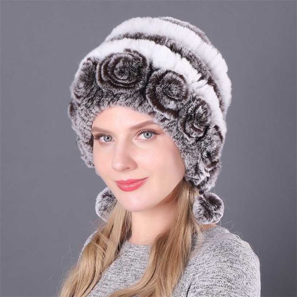 Inverno Donna Fiori a strisce Natural Real Rex Rabbit Fur Hats Lady Warm Knit Genuine Caps Russo Outdoor 211228