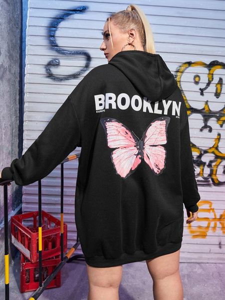 

plus letter & butterfly print drop shoulder drawstring hoodie dress u0hj#, Black