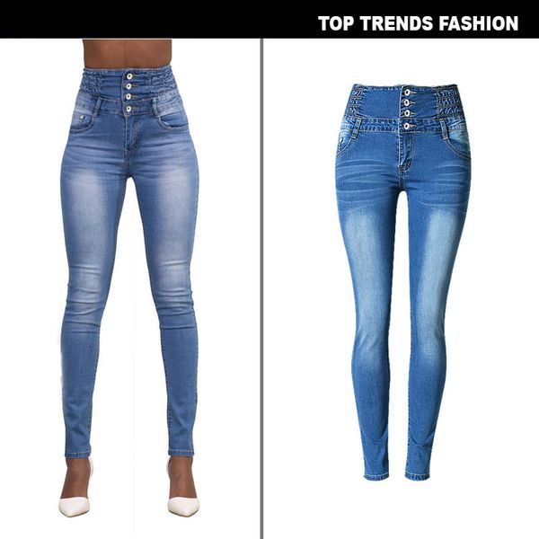 

high waist elastic slim fit button cat beard denim leggings pocket large, Blue