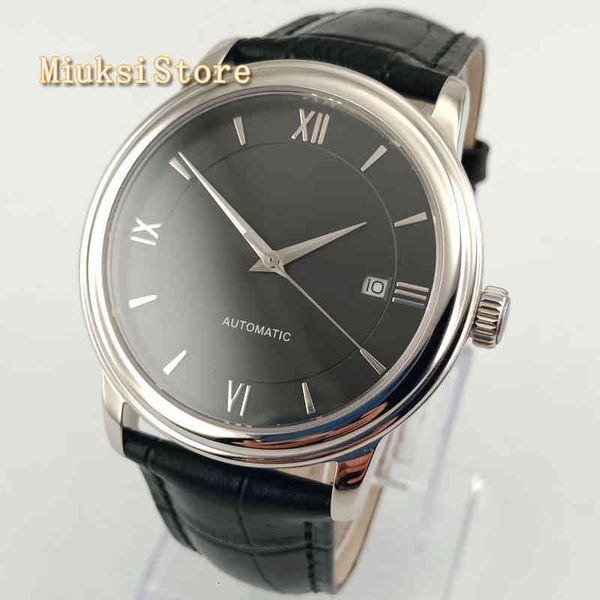 

men gold simple 40mm mode mechanical watch black index plate sier case sapphire glass date automatic watches 2834, Slivery;brown
