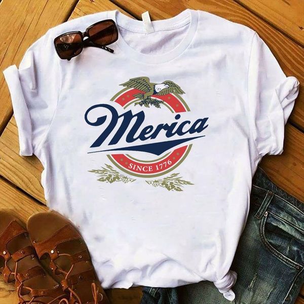 

merica printed short sleeve loose womens tee clothes graphic, White