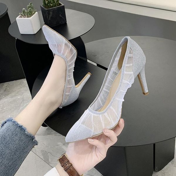 

dress shoes women heeled pumps breathable mesh high-heeled banquet high heels luxury 2021 fashion crystal pointed toe lady, Black