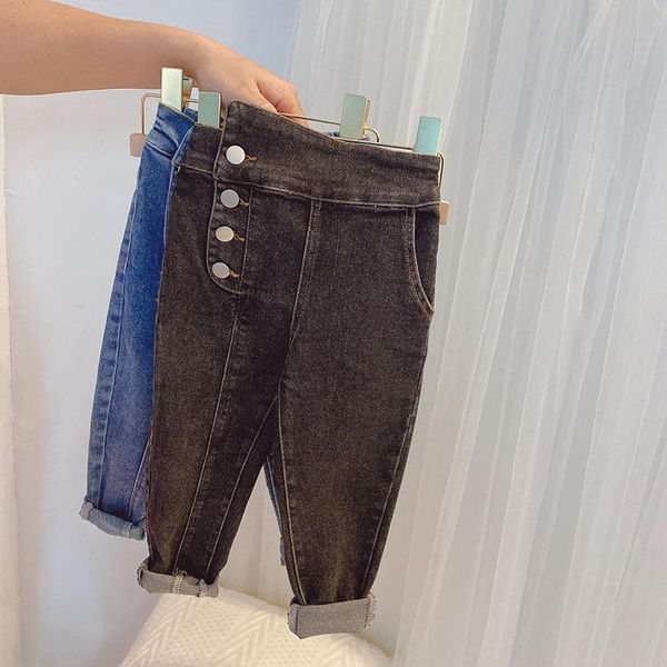 

jeans autumn baby girls kids korean style high waist stretch denim pants for girl toddlers child quality 2-6 y, Blue