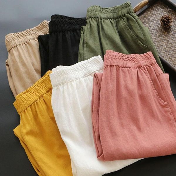 

arrival summer style women loose casual elastic waist harem pants pocket design all-matched cotton linen a84 women's & capris, Black;white