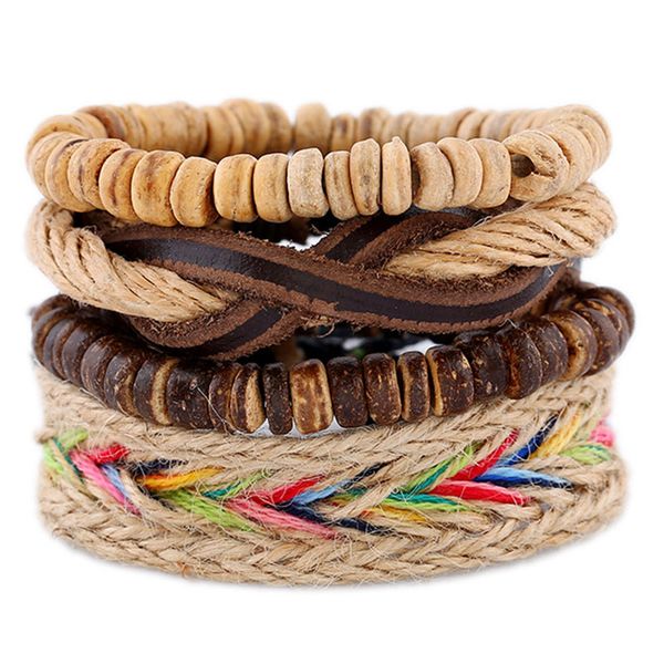 

colorful rope leather handmade braided multilayer bead charm bracelets set for men women punk adjustable bangle fashion jewelry, Golden;silver