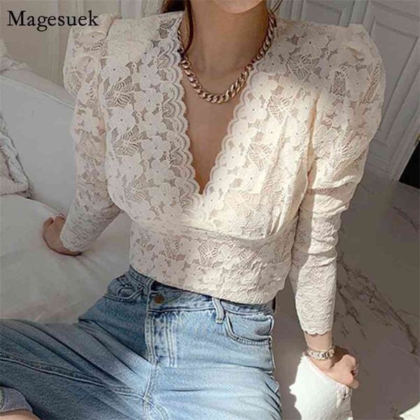 

spring chic v neck lace embroidery women blouse puff sleeve vinatge shirt female silm casual woman blouses 13470 210512, White