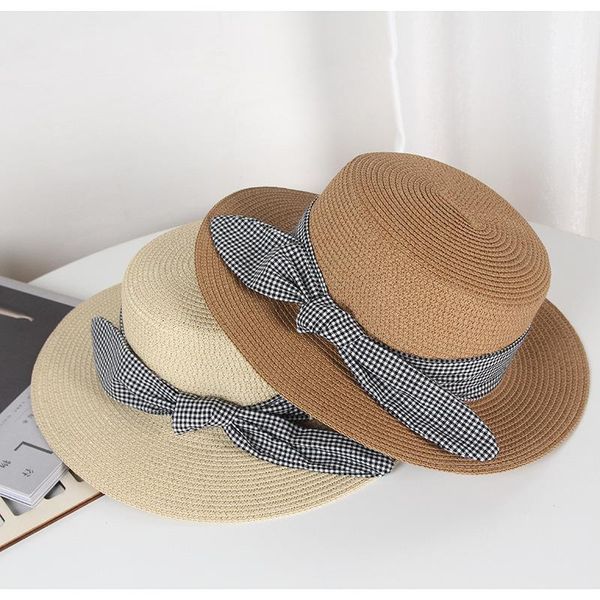 

wide brim hats sun bow decor straw hat european and american retro braided female loose sunscreen sunshade flat cap visors, Blue;gray