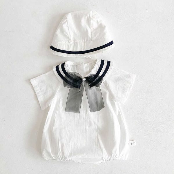 

summer kids girl clothes infant baby girls short sleeve navy wind rompers + hat newborn baby girls clothes, Blue