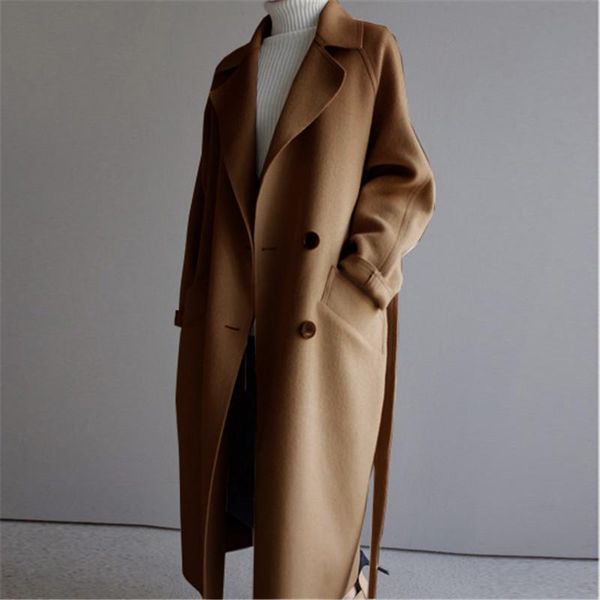 

women's wool & blends women elegant winter cashmere overcoat long bandage woolen coat cardigan loose plus size abrigos mujer manteau fe, Black