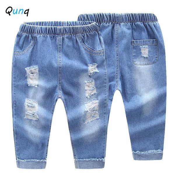 

jeans qunq kids 1 2 3 4 5 year baby toddler children denim pant broken hole light blue girls jean elastic waist boy trousers