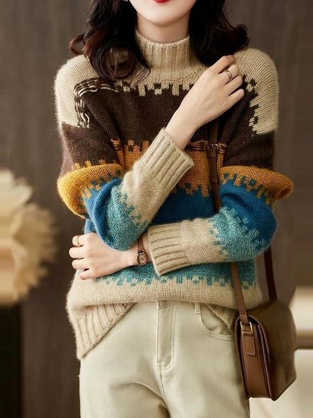 

women's sweaters rainbow knitted striped women sweater pullovers autumn vintage 2021 turtleneck long-sleeved elegant office lady pulls, White;black