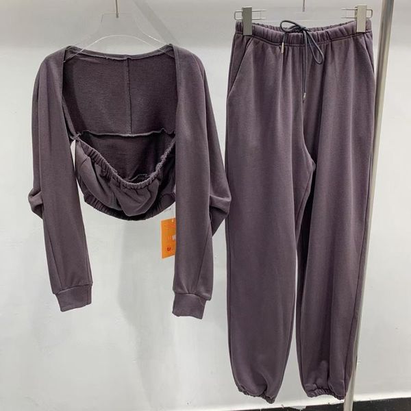 

women's two piece pants prepomp 2021 fall solid color sets female square collar long sleeve high waist women tracksuits gc672, White