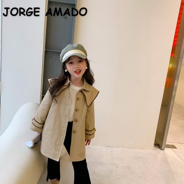 

korean style spring girl trench turn-down collar khaki coat casual outwear children jacket fashion clothes e281, Blue;gray