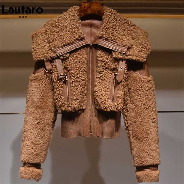 Lautaro inverno quente grosso patchwork faux pele casaco mulheres manga longa zipper colarinho colarinho elegante casaco fofo moda 211019