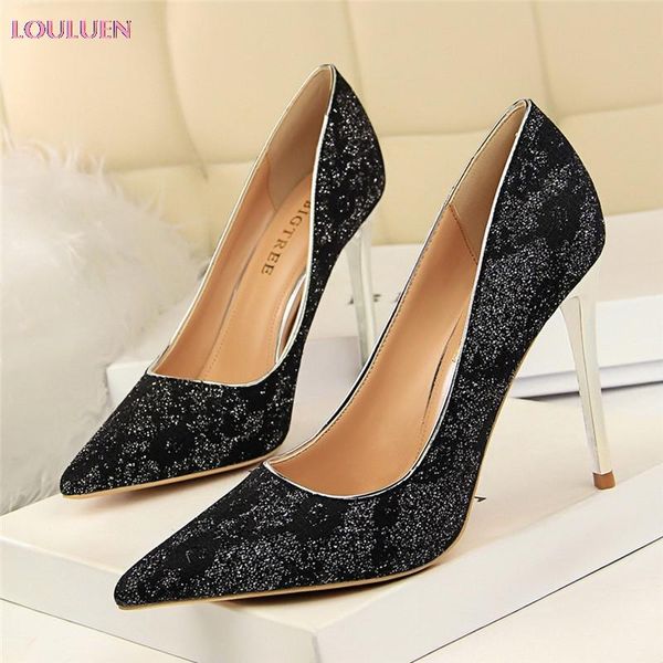 

sandals louluen 2021 women women's banquet high heels nightclub shallow mouth lace wedding shoes plus size 40 #1224, Black
