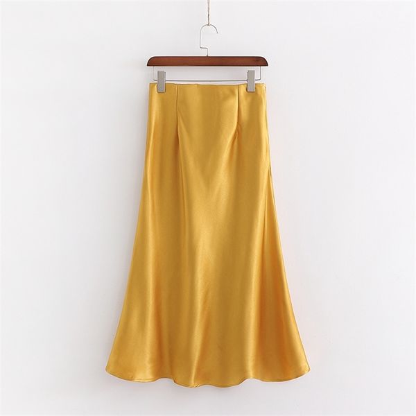 

spring summer solid color women's clothing elegant golden satin skirt french silky luster vintage long female 210514, Black