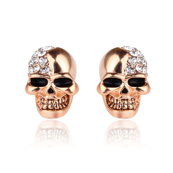 

fashion skull ear studs 9mm retro smooth surface rhinestones gold plated earrings for men and women halloween jewelry factory direct, Golden;silver