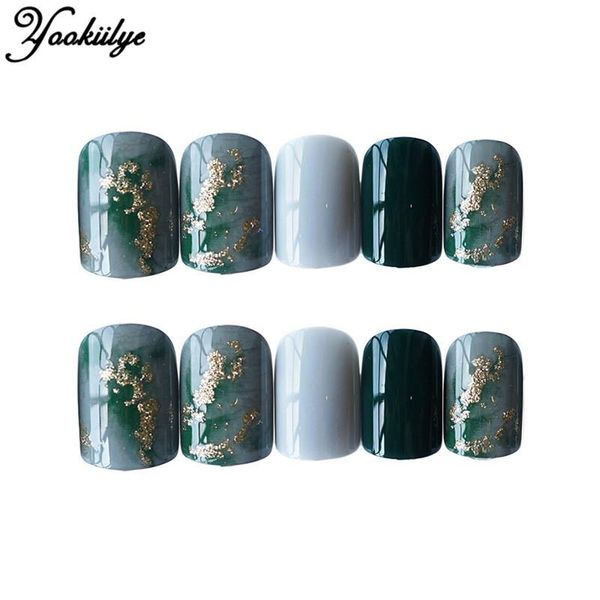 

false nails 24 pcs green color finished fake square short full cover goldleaf design artificial nail with glue stickers, Red;gold