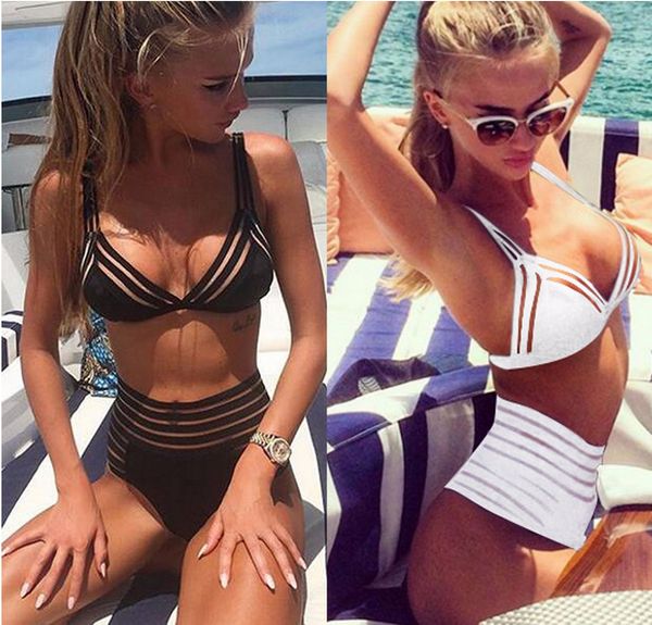 

striped openwork mesh 3-point bikini swimsuit women's two colors, Black;white