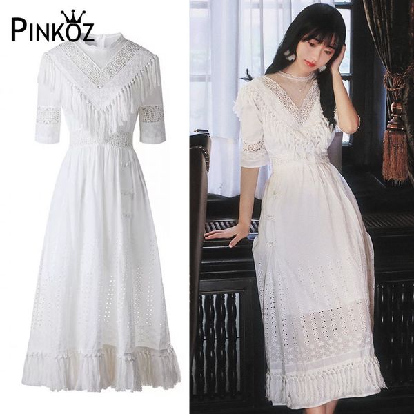 

runway tassel holiday long dresses spring summer brand design women white lace hollow out patchwork dress 210421