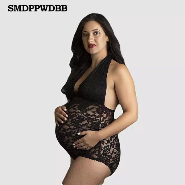 

maternity dresses summer lace bodysuits v-neck halter pography pregnancy po shoot jumpsuits stretchy, White