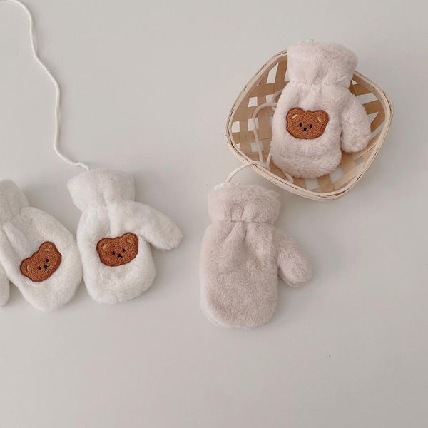 

children's mittens 11uc 1 pair kids cartoon winter with string hand warmer toddlers thicken plush warm full finger gloves for born, White