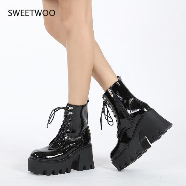 

boots sweetwoo women chunky wedge platform lace up gothic punk patent leather ankle black color 2021