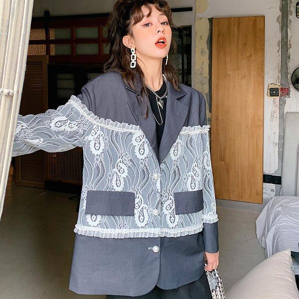 

women's suits & blazers [ewq] korea chic temperament gray blazer women autumn 2021 notched loose single breasted spliced lace long slee, White;black