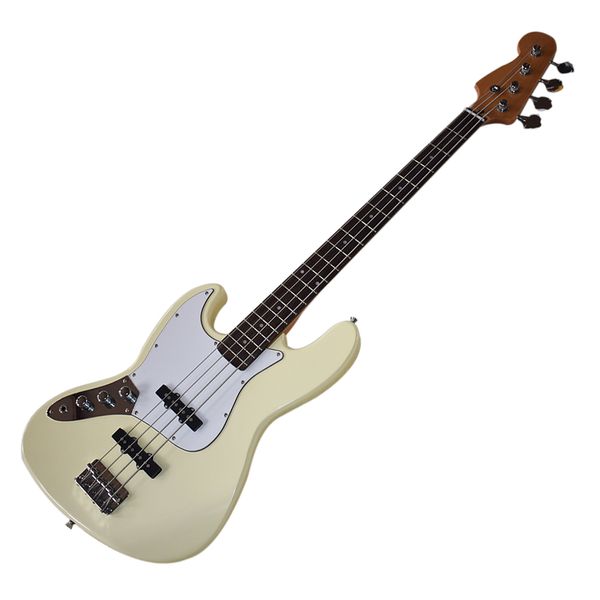 Chitarra elettrica elettrica gialla di alta qualità-4 corde con tastiera in palissandro, pickguard bianco bianco