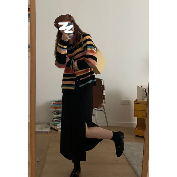 

skirts im self made knee side split mid length high waist a-line pleated skirt in autumn 2021, Black