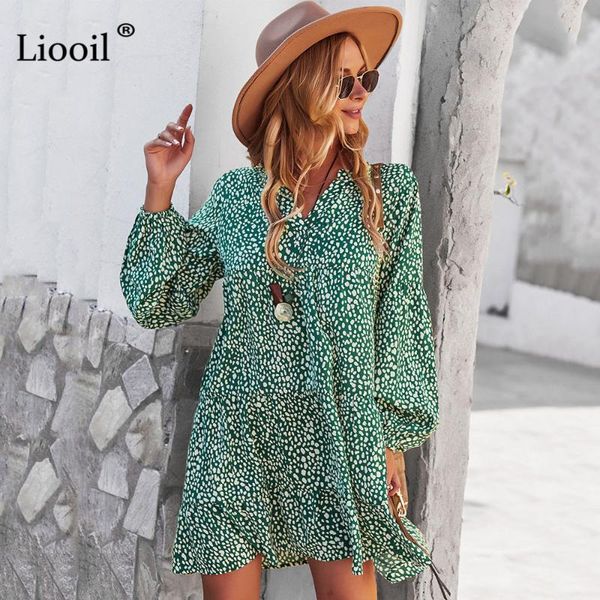 

casual dresses liooil leopard print short dress long sleeve v neck autumn winter for women elegant vacation loose a line, Black;gray