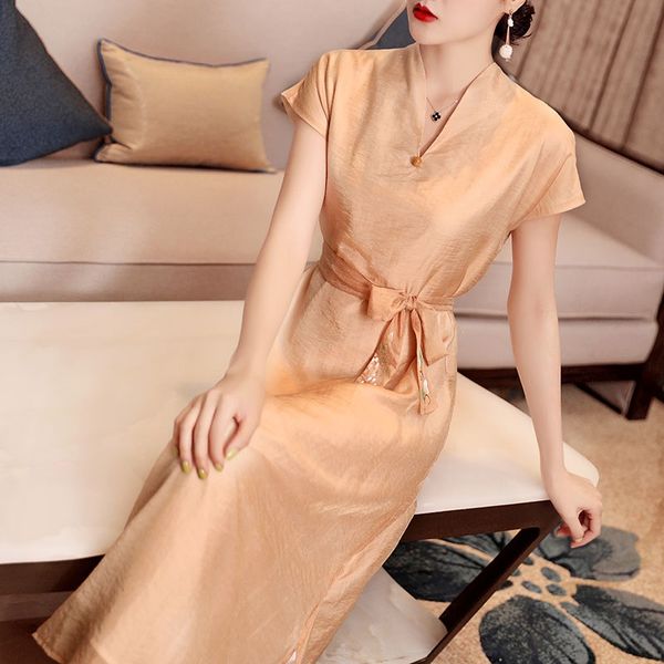 

beige elegant chinese dresses 2021 summer cheongsam vietnam traditional dress robe vintage femme chinese dress qipao 10171, Red