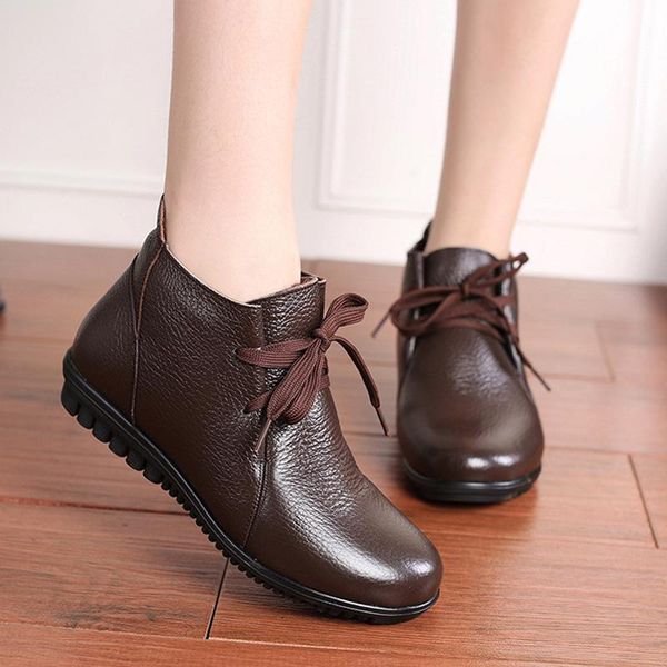 

boots peipah women rubber ladies genuine leather shoes for woman winter female lace-up flat with fur retro ankle, Black