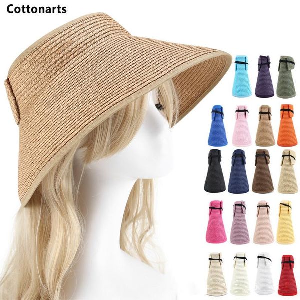 

wide brim hats fashion bowknot visor hat solid color beach parent-child travel fold empty straw uv protction sun cap for women, Blue;gray