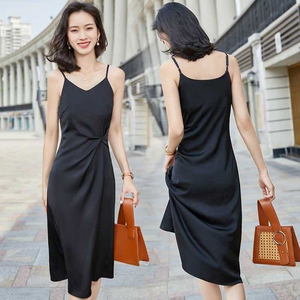 

suspender dr's black acetate satin 2021 spring suit with long underneath suspender skirt summer, Black;gray