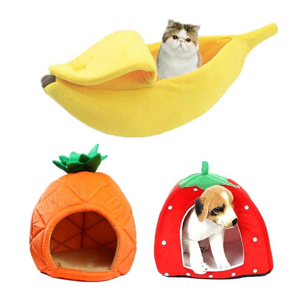 

cat beds & furniture creative plush small pet bed house banana pineapple strawberry shape soft dog kennel cage comfortable