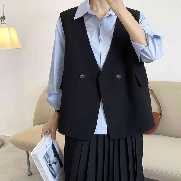

women's two piece pants fashion suit waistcoat 2021 spring office lady solid v-neck loose coat korean casual sleeveless vest jxil, White