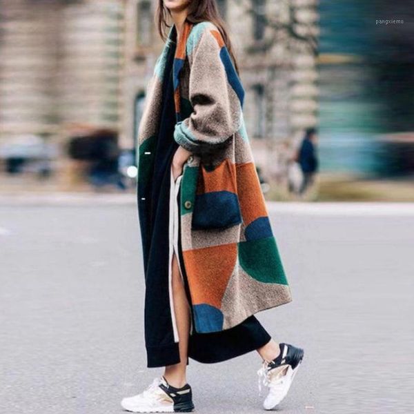 

women's wool & blends retro elegant lapel color diamond printing long-sleeved coats ladies pocket windbreaker youth series female cloak, Black