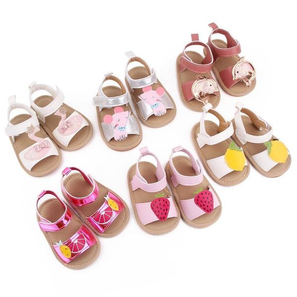 

sandals born toddler baby girls pu cute cartoon pattern rubber sole anti-slip first walkers infant kid shoes, Black;red