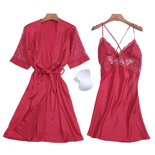 

housewear silk women's breast pad 2-piece set with 7-sleeve hollow out nightgown, Black;red