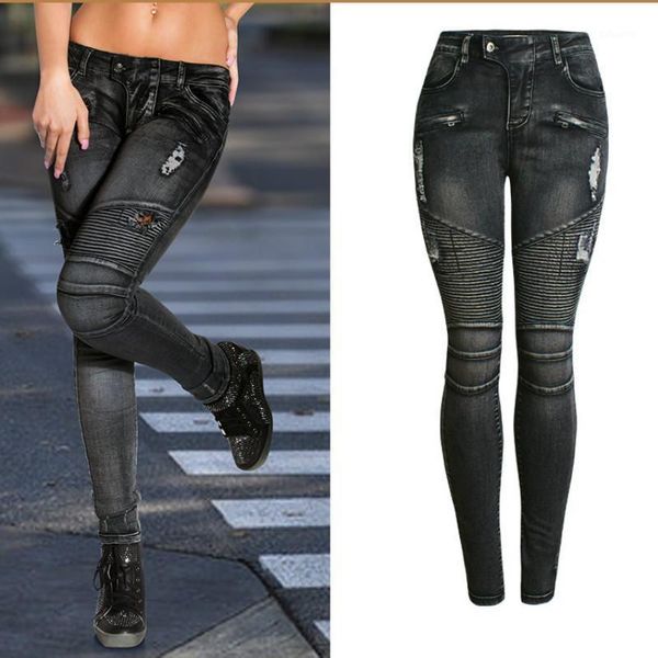 

women's jeans women slim stretch denim pencil pants moto biker skinny mid waist ripped pleated hole black ladies push up l0595, Blue