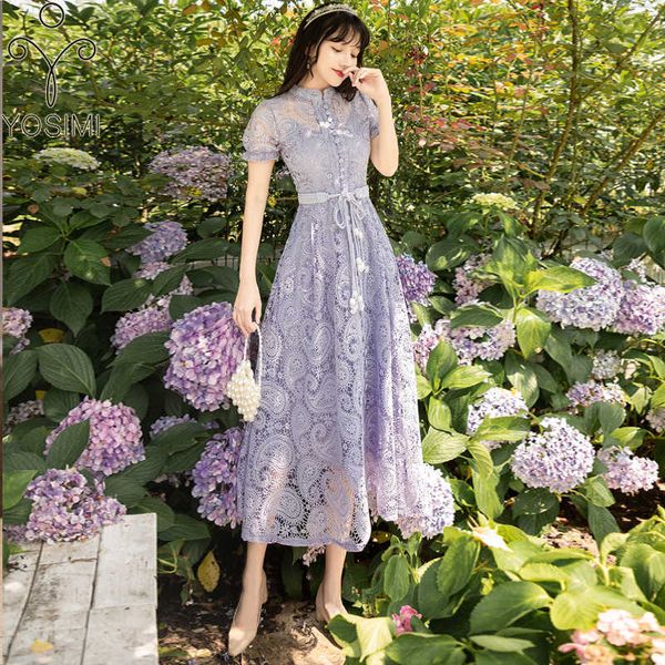 

yosimi summer lace long women dress khaki vintage stand-neck evening party a-line mid-calf short sleeve dresses elegant 210604, Black;gray