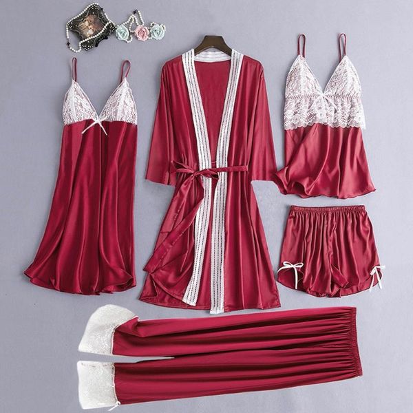 

women's sleepwear 5 piece sets pajamas for women fashion ladies satin lace camisole trousers shorts nightdress robe homewear lingerie, Black;red