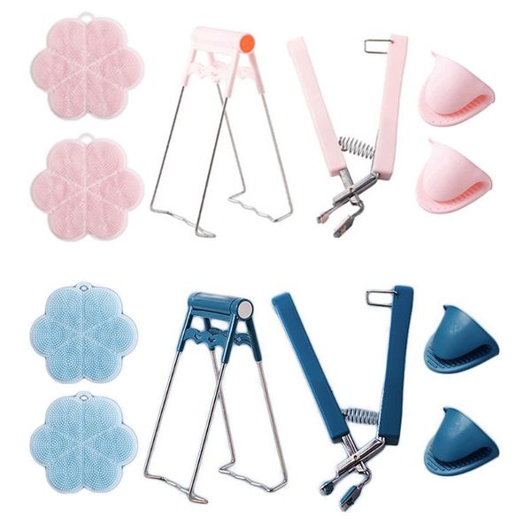 

mats & pads 6pcs stainless steel foldable bowl clip pot dish holder steamer plate tong anti- clamp gripper kitchen tools set