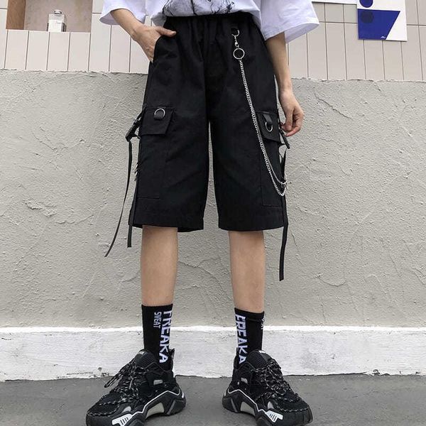 

men's shorts 2021 summer women cargo female loose straight casual short pants fashion elastic waist handsome black knee length, White;black